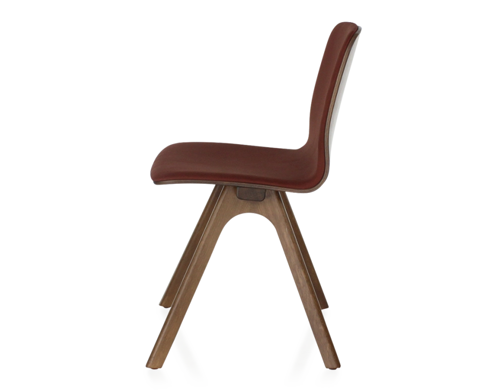 Chaise design en chêne tapissé bois teinte marron foncé assise tissu bordeaux