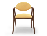 Chaise design avec accoudoirs bois teinte marron foncé et tissu jaune