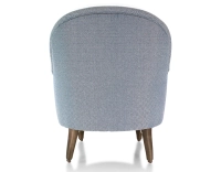 Fauteuil crapaud avec accoudoirs pieds bois teinte noyer et tissu chevron bleu