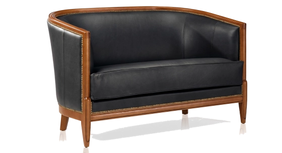 Antique 2 seater sofa with moulded armrests bois teinte ancienne et cuir noir