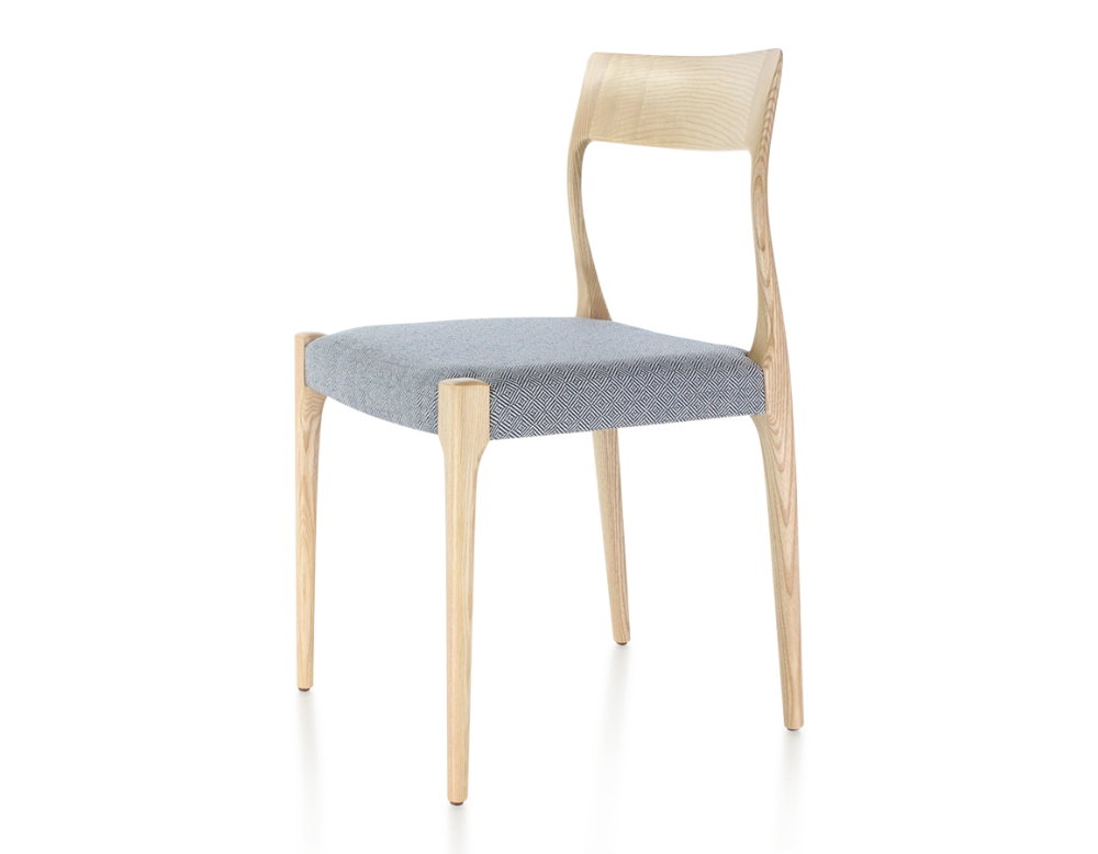 Scandinavian chair natural stained wood, blue chevron fabric seat