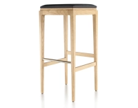 H80 cm designer bar stool natural tint wood, ebony leather seat