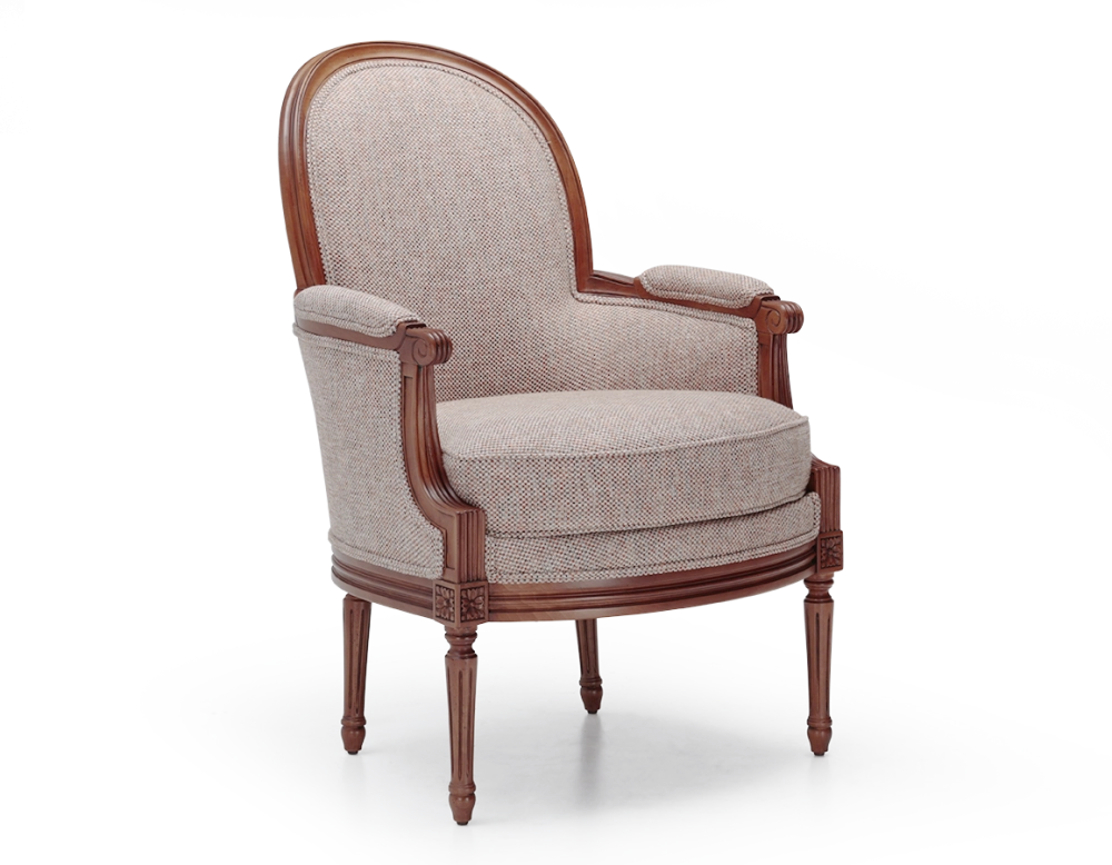 Fauteuil bergère mouluré style Louis XVI bois teinte ancienne et tissu chiné beige, gris et orange