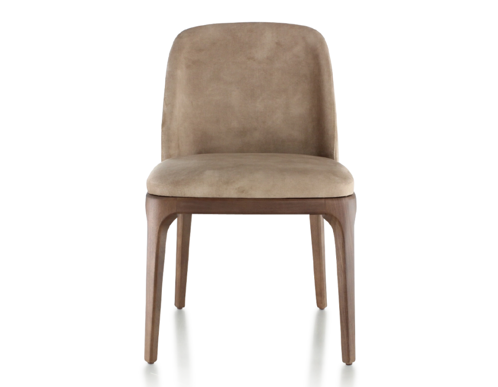 Chaise design bois teinte marron foncé et tissu velours taupe clair