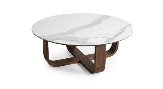 Mesa de centro redonda de roble y cerámica con madera tintada marrón oscuro tablero cerámico efecto mármol blanco 100x100 cm