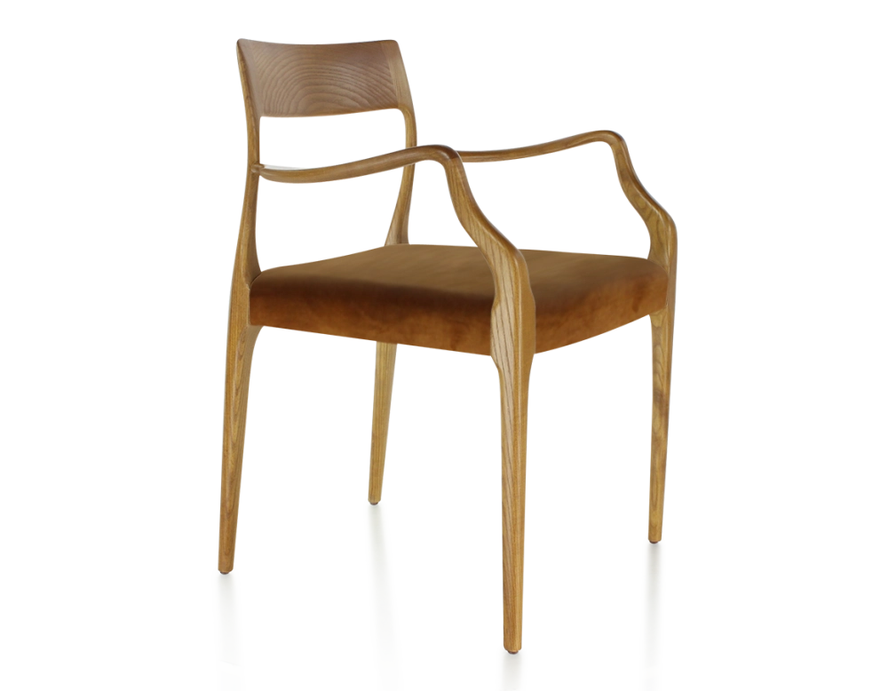 Scandinavian armchair with armrests cherry-stained wood, bronze velvet seat