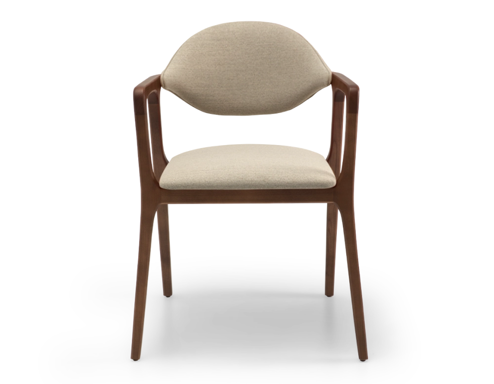 Chaise design avec accoudoirs bois teinte marron foncé et tissu taupe