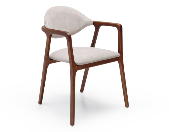 Chaise design avec accoudoirs bois teinte merisier et tissu velours sable
