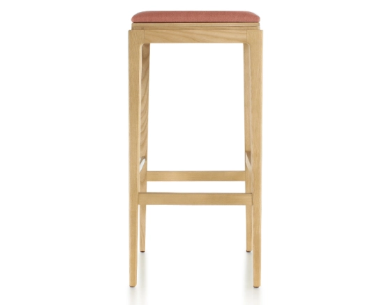 H80 cm designer bar stool natural wood stain coral pink fabric seat