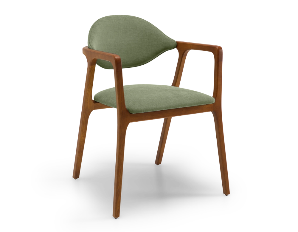 Silla de diseño con reposabrazos madera tinte cerezo y tejido verde