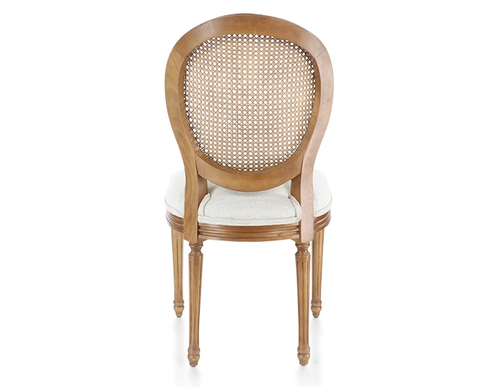 Antique Louis XVI style chair wood stained old style caned back seat natural beige fabric