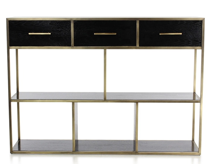 Console design frêne laqué noir et métal patine laiton