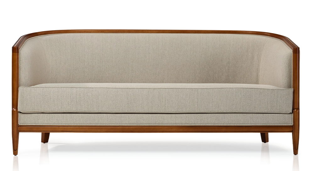 Antique 3 seater sofa with moulded armrests bois teinte ancienne et tissu beige naturel