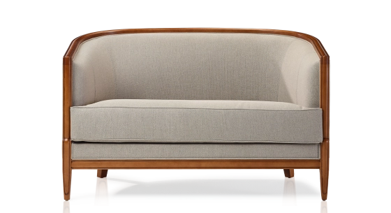 Antique 2 seater sofa with moulded armrests bois teinte ancienne et tissu beige naturel