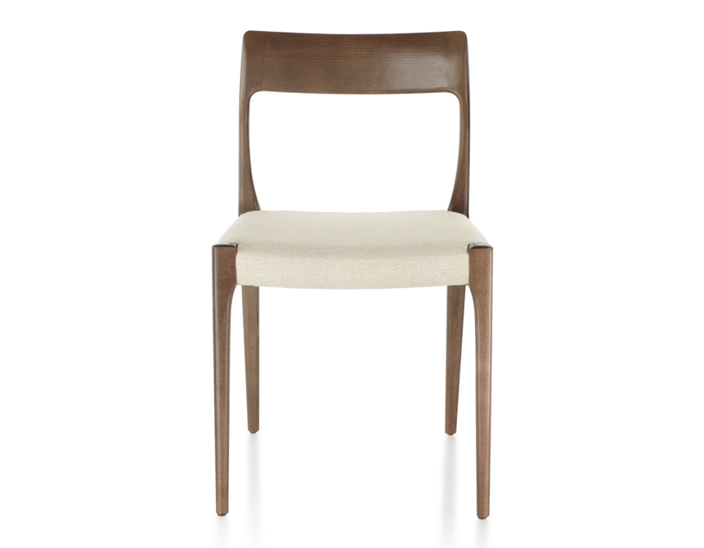 Chaise scandinave bois teinte marron foncé assise tissu chevron beige