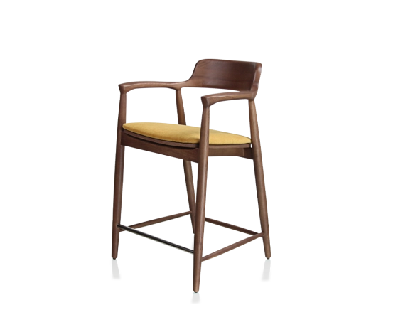 Taburete de bar h60 cm madera tinte nogal asiento tejido amarillo