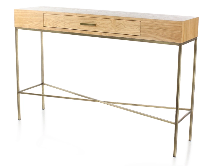 Consola de diseño fresno tinte natural y metal pátina latón 100 cm